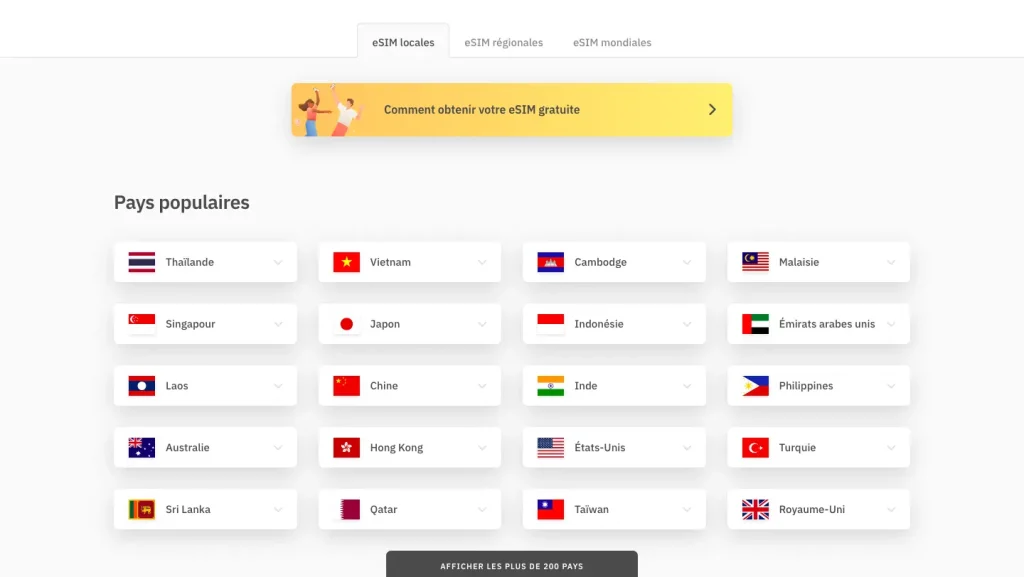 destinations couvertes par airalo