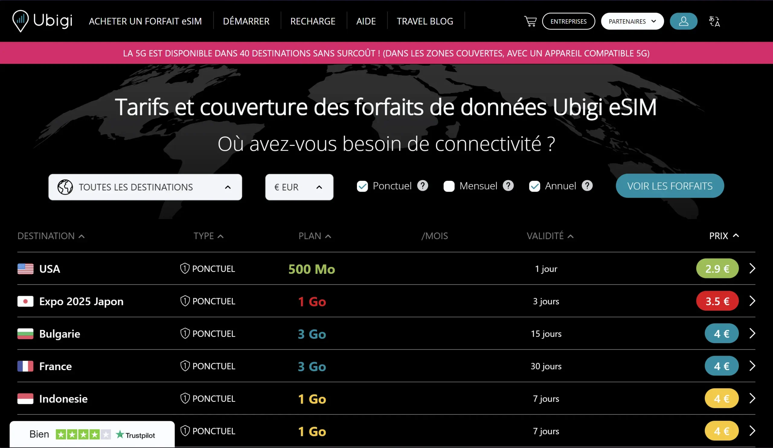 capture d'écran de la page d'accueil d'ubigi