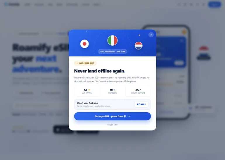 Roamify eSIM Startseite – Übersicht der Reiseziele und Tarife
