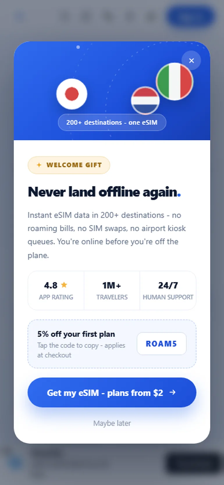 Roamify App mobile Ansicht – Tarifübersicht und Aktivierung